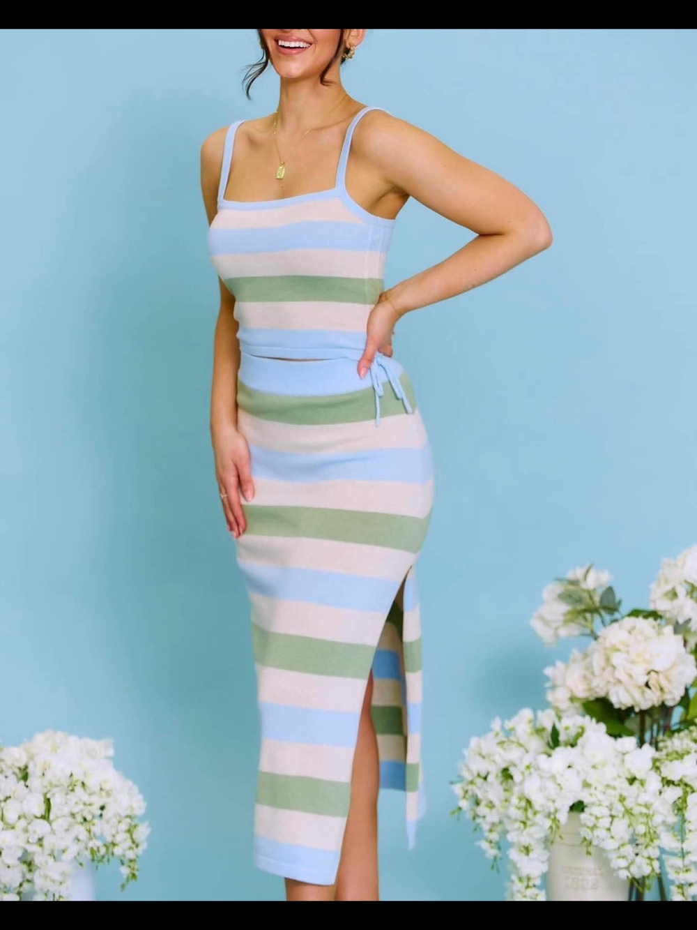 NWT Le Lis Striped Two-Piece Knit Dress Skirt Set Light Blue Sage Cream - Size M